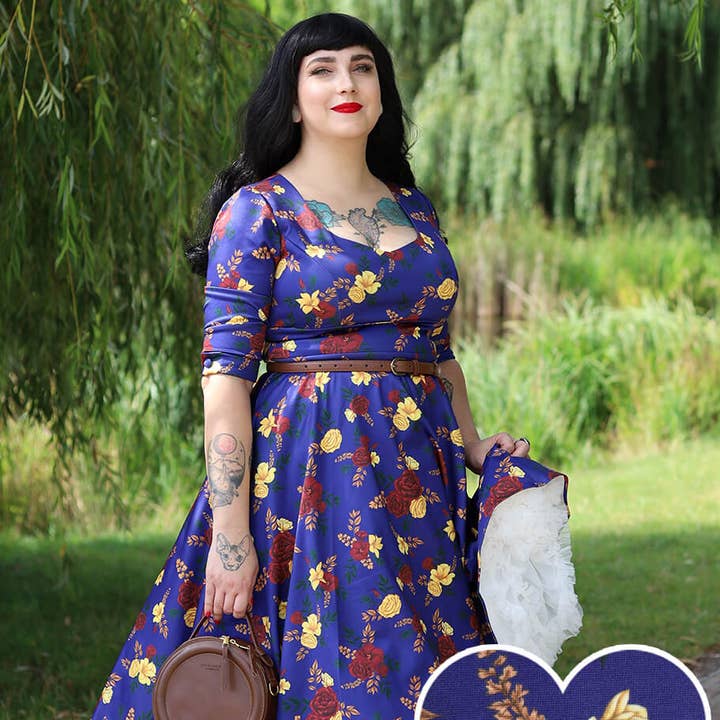 Debra Long-Sleeved Stretchy Blue Dress with Colorful Flowers for wholesale by Dolly & Dotty