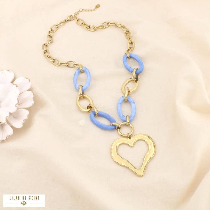 Halsband med färgglada ringar i harts och hjärthänge i stål 0126033 för wholesale av Lilas de Seine