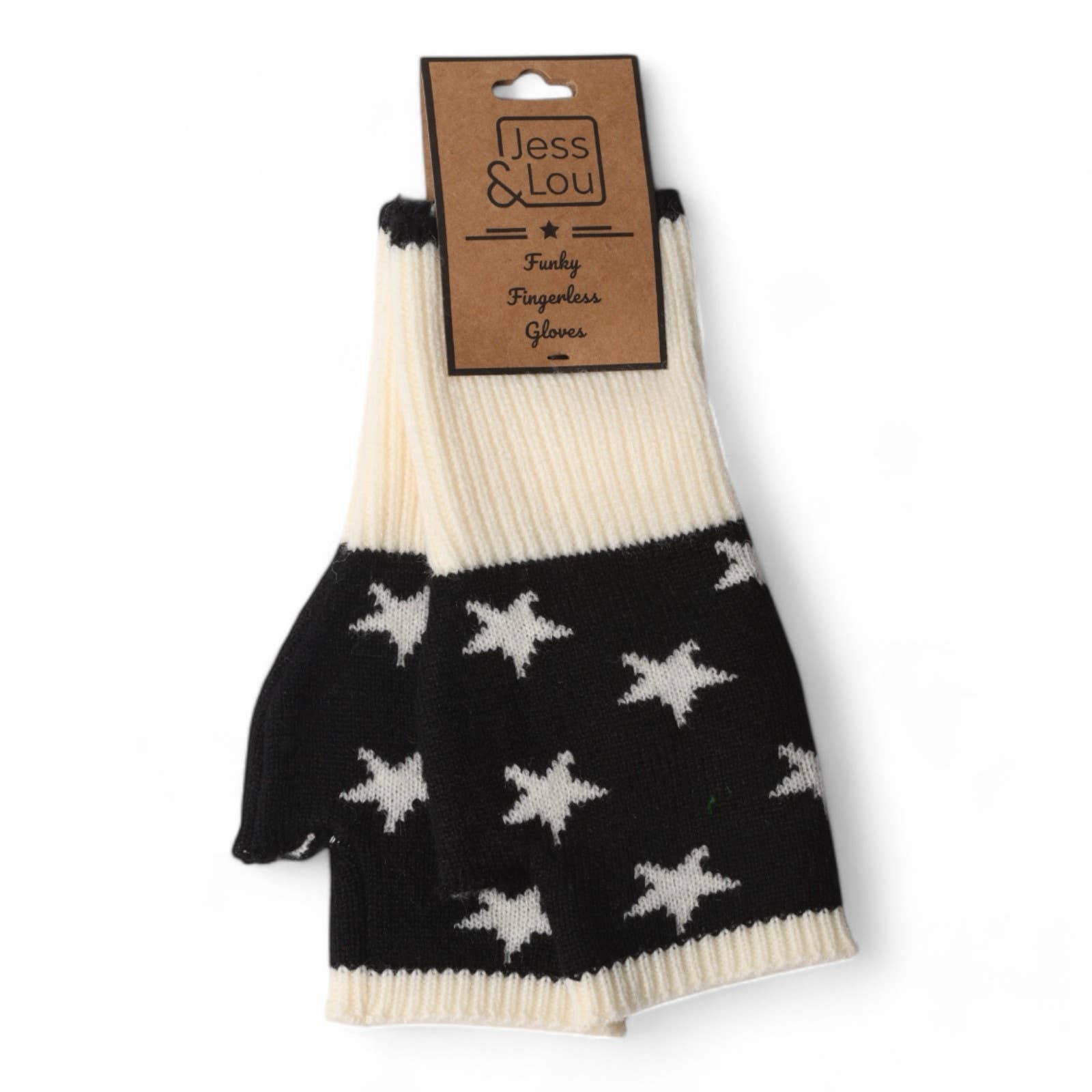 Jess & Lou - Wholesale Gloves - Women's - Black/White Star Fingerless Glove/Wrist Warmer GL1131