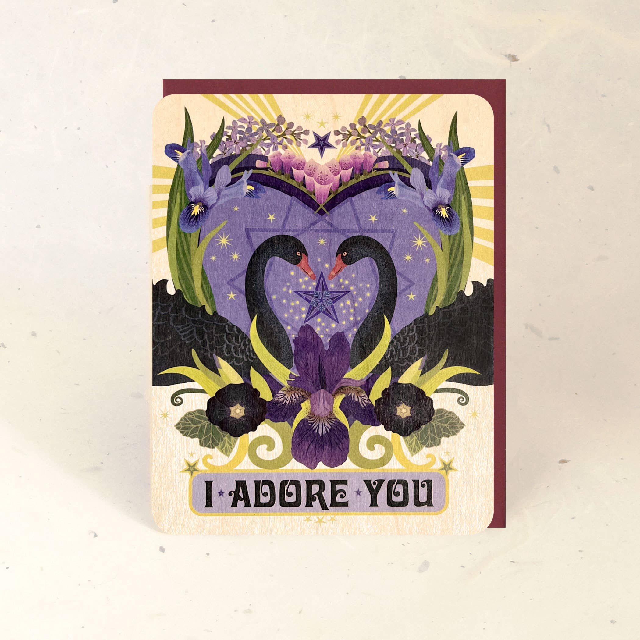 Little Gold Fox Designs - Wholesale Love Card - Love Swans Wood Greeting Card