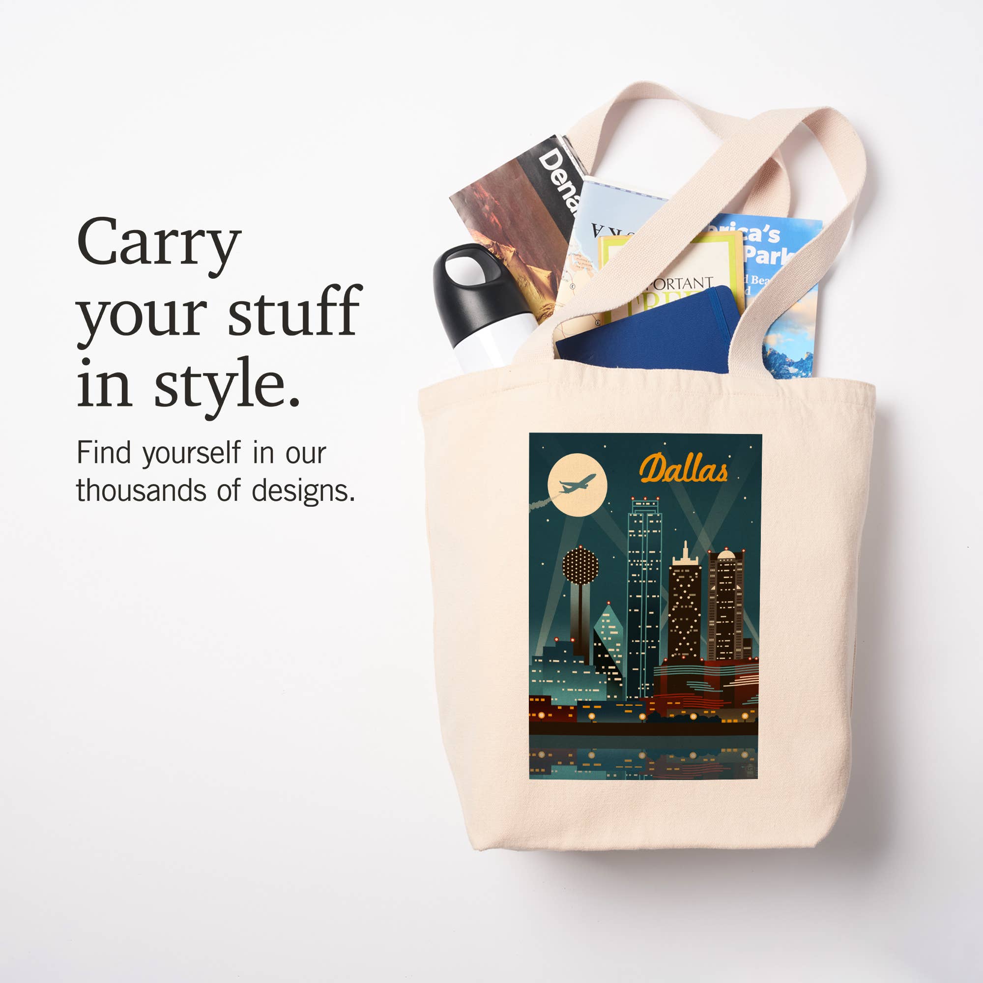 Lantern Press - Wholesale Tote Bag - Unisex - ORGANIC TOTE BAGS Dallas, Texas, Retro Skyline5
