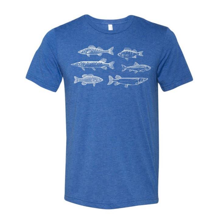 Midwest Fish Crewneck Unisex Grafik-T-Shirt. Royal Triblend. für den Großhandel von Up North Boutique