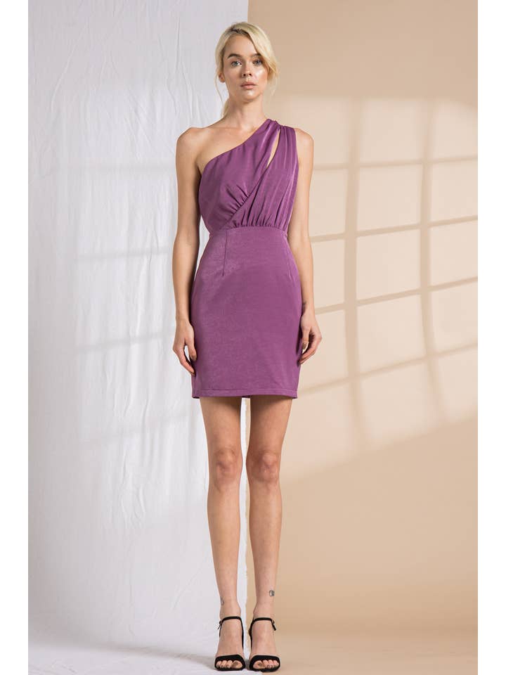 LENA - Wholesale Dress - Women's - Satin Cutout One Shoulder Pleats Mini Dress