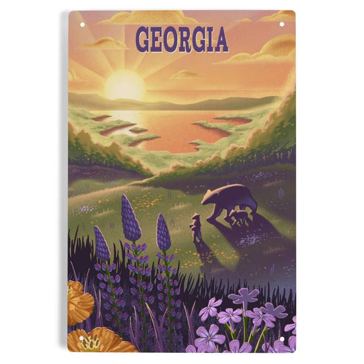 LETRERO METÁLICO Georgia Litho Bear & Spring Flowers Lake para venta al por mayor de Lantern Press