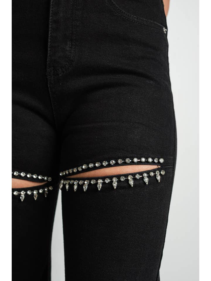 KIWI - Wholesale Jeans - Dames - KIWI spijkerbroek met hoge taille, kuitmodel en strassteen openingen6