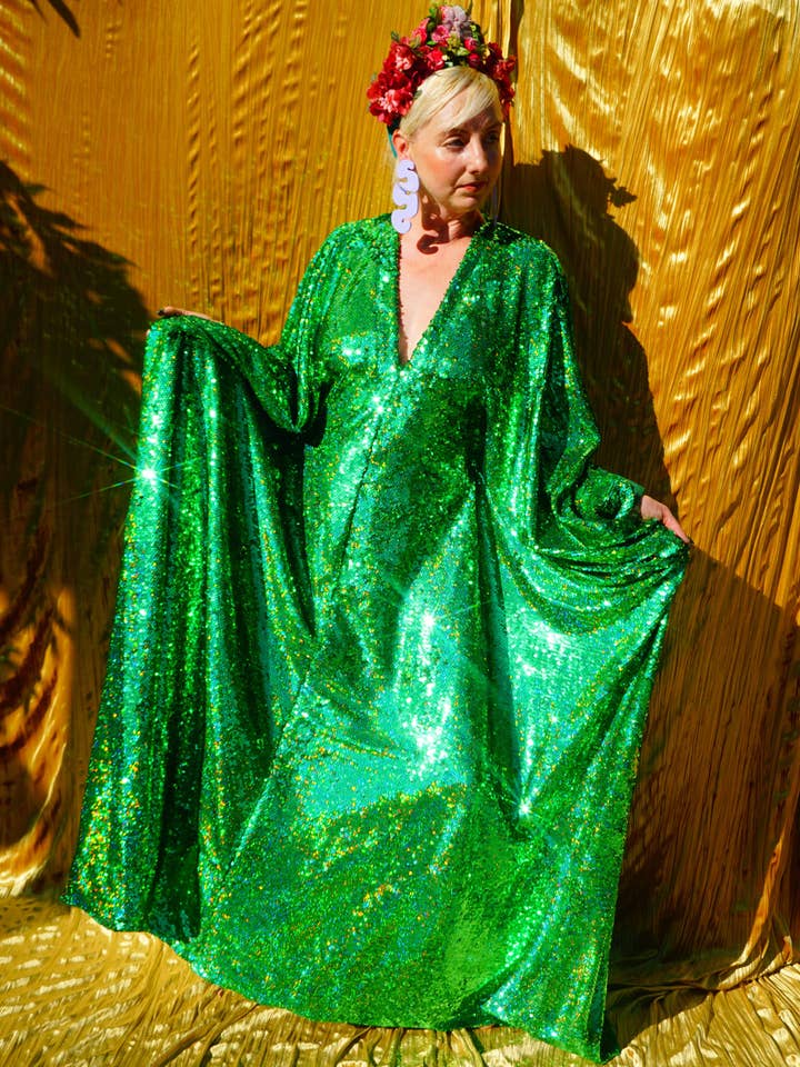Emerald Green Holographic Sequin Kaftan Gown/Kimono Robe for wholesale by Fumbalinas