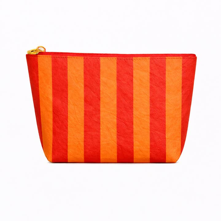 Preppy stripe pouch + cosmetic bag orange & red tyvek for wholesale by Aspen Lane