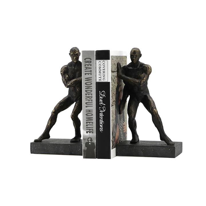 Rustic Dark Bronze Pushing Men Bookends for wholesale on Faire