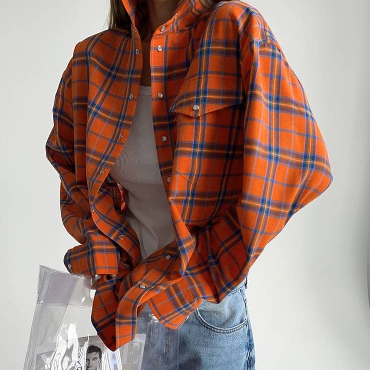 Orange plaid boyfriend Shirt Jacket overfit Shacket for wholesale on Faire2
