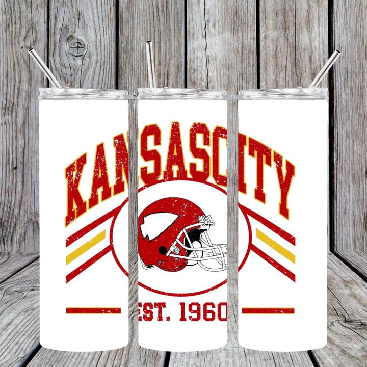 Kansas City Chiefs Football EST 1960 20oz Skinny Tumbler for wholesale by Dogwood Graphics & Design