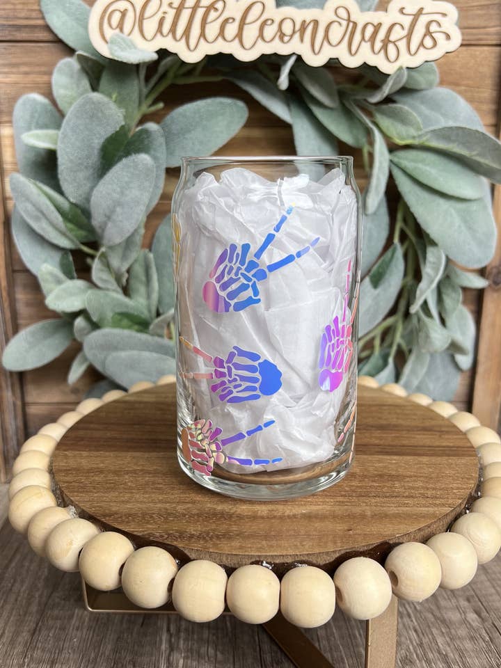 Holographic Skeleton Peace Sign Can Glass for wholesale by LittleLeonCrafts