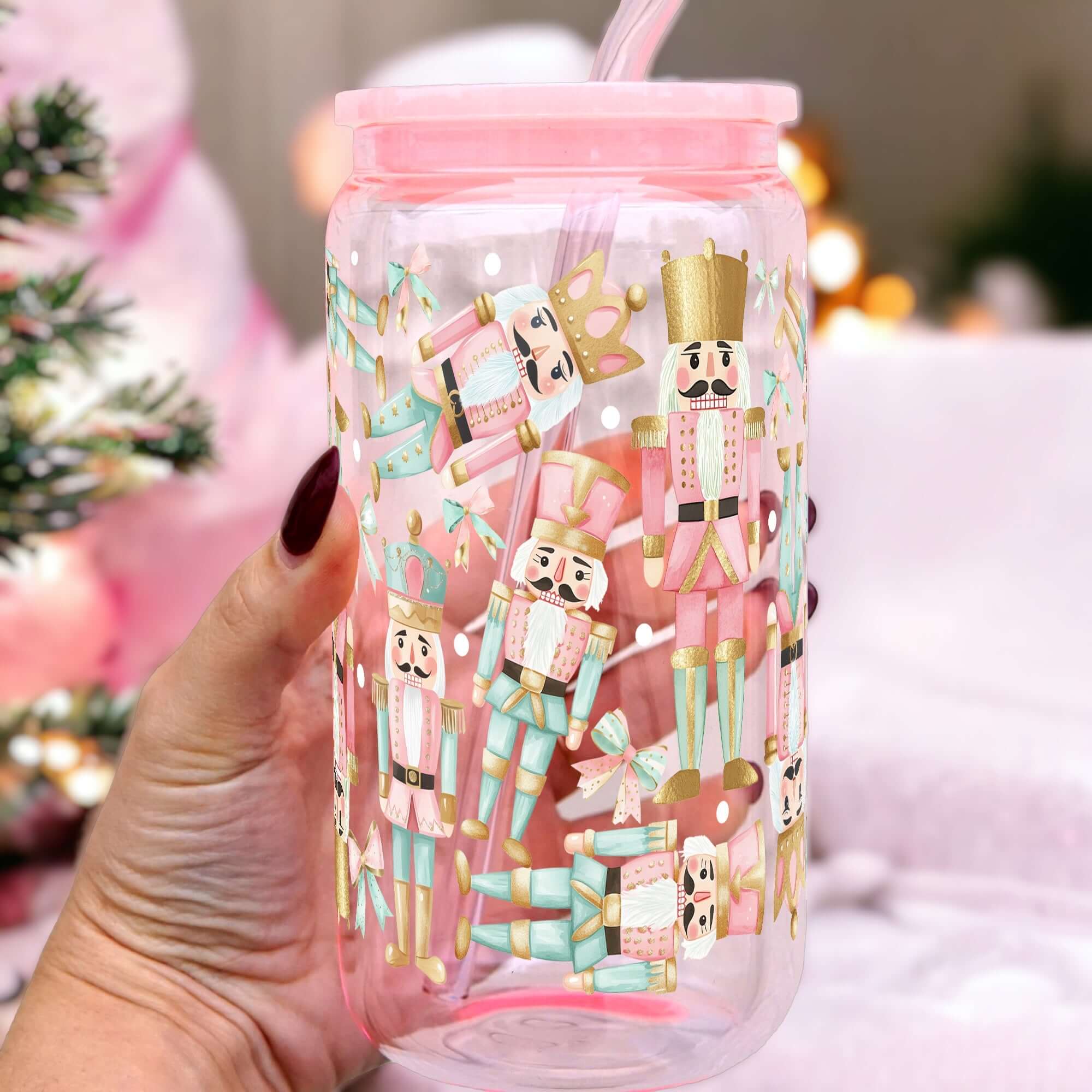 Sip-Sip Hooray! - Wholesale Drinking Glass/Cup - Pink Christmas Nutcracker Cup With Lid and Straw2