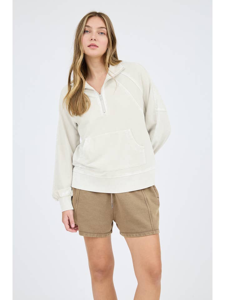 Blu Pepper - Wholesale Knit Top - Women's - WASHED HALF ZIP FRONT POCKET LONG SLEEVE KNIT TOP