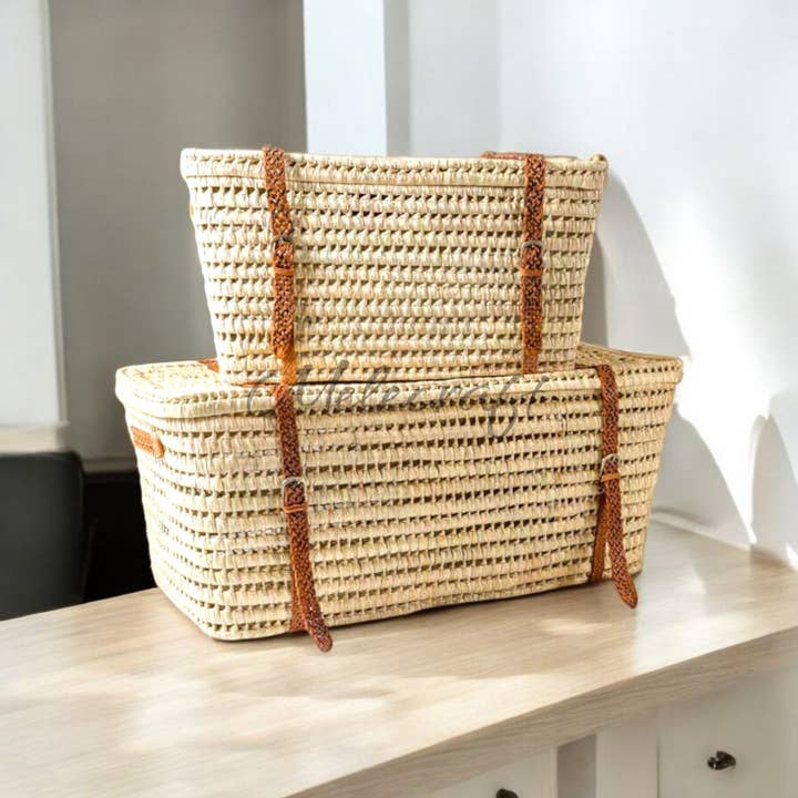 Melecraft – wholesale Basket – Leather-Handled Wicker Storage Basket, Artisan-Made1