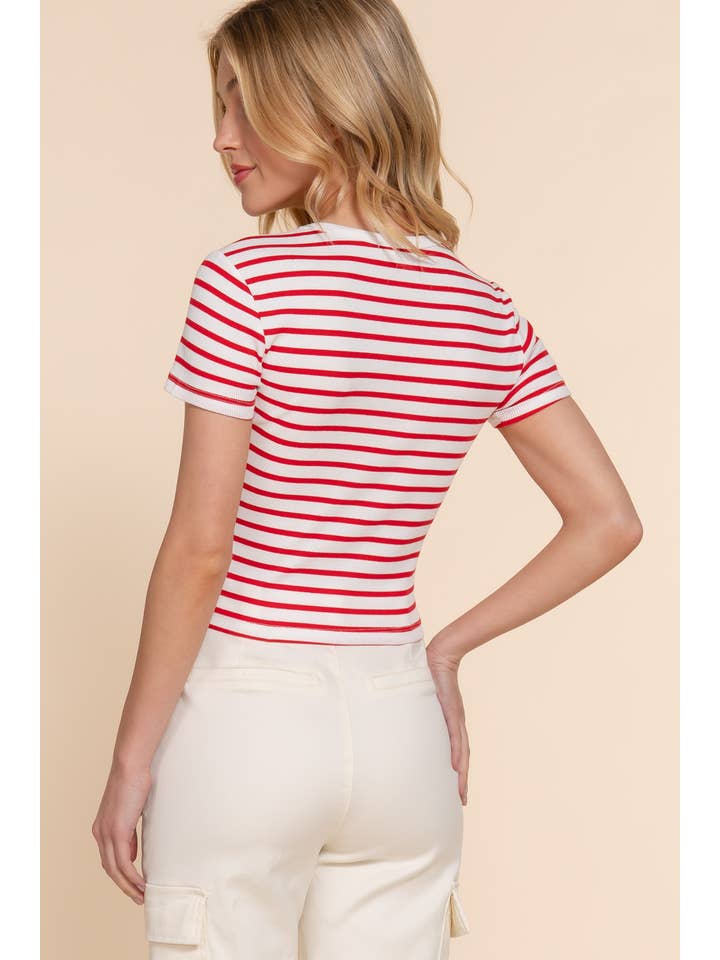 Active Basic | Active USA - Vendita all'ingrosso Top in maglia - Donna - Top a righe in cotone a costine con maniche corte e collo rotondo1