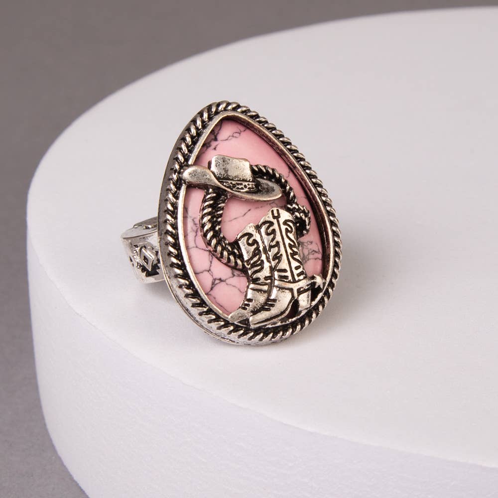 SP Sophia Collection - Wholesale Cocktail/Statement Ring - Western Hat & Boot Turquoise Teardrop Stretch Ring2