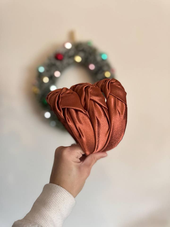 Copper Satin Top Knot & Holiday Plaid Bendable Headband for wholesale by Brynnbands