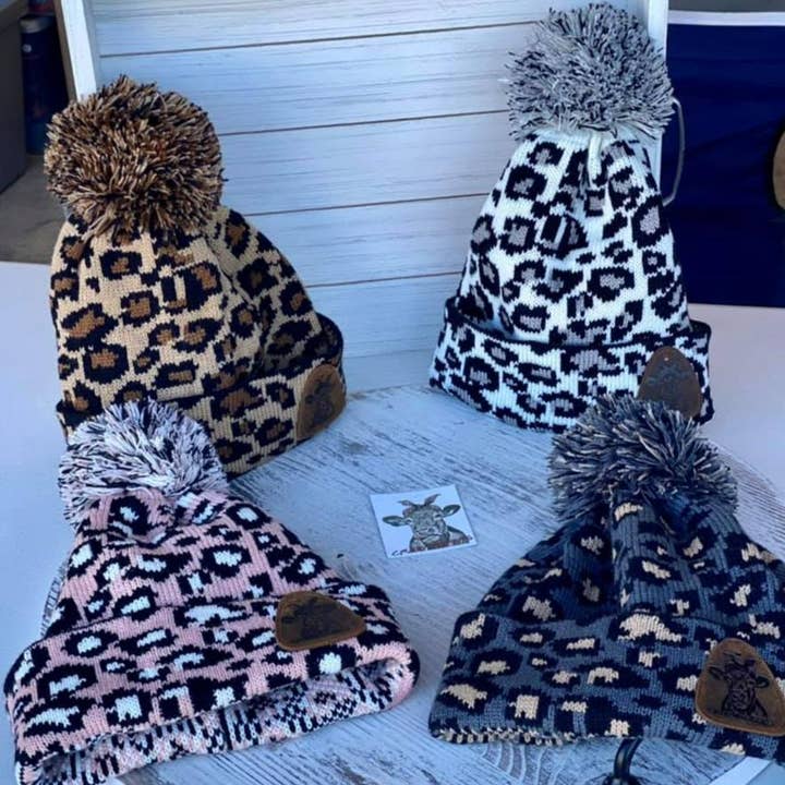 Crazy Heifers Wholesale - Wholesale Beanie - Women's - Leopard Pom Beanies 1