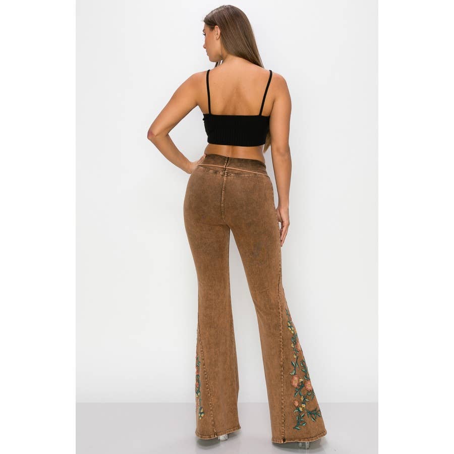 CAMEL Mineral Wash Floral Embroidery Flare Pants for wholesale on Faire5