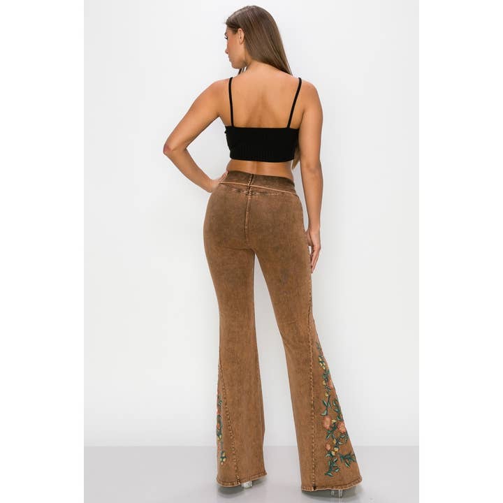 CAMEL Mineral Wash Floral Embroidery Flare Pants for wholesale on Faire5