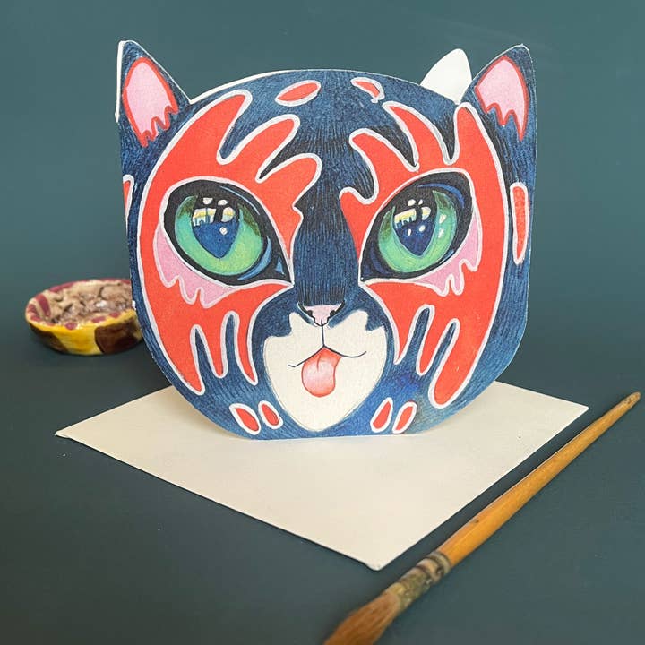 Rock Cat Face - Die Cut Greetings Card for wholesale by The DM Collection ( We cover US import Duties)