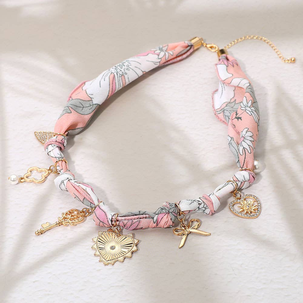 Sensibling Corp. - Wholesale Pendant/Charm Necklace - Metal Heart Bow Pearl Quatrefoil Key Charm Station Fabric Scarf Necklace0