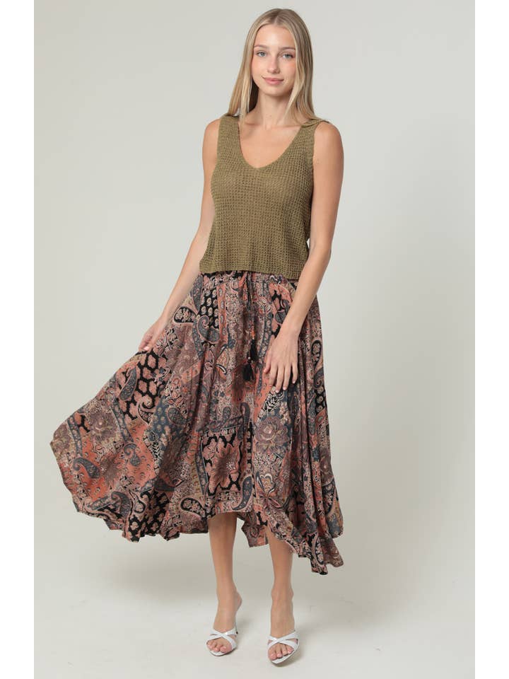 ANGIE - Wholesale Skirt - Women's - B6854-W909 HANKY HEM PRINTED MAXI SKIRT