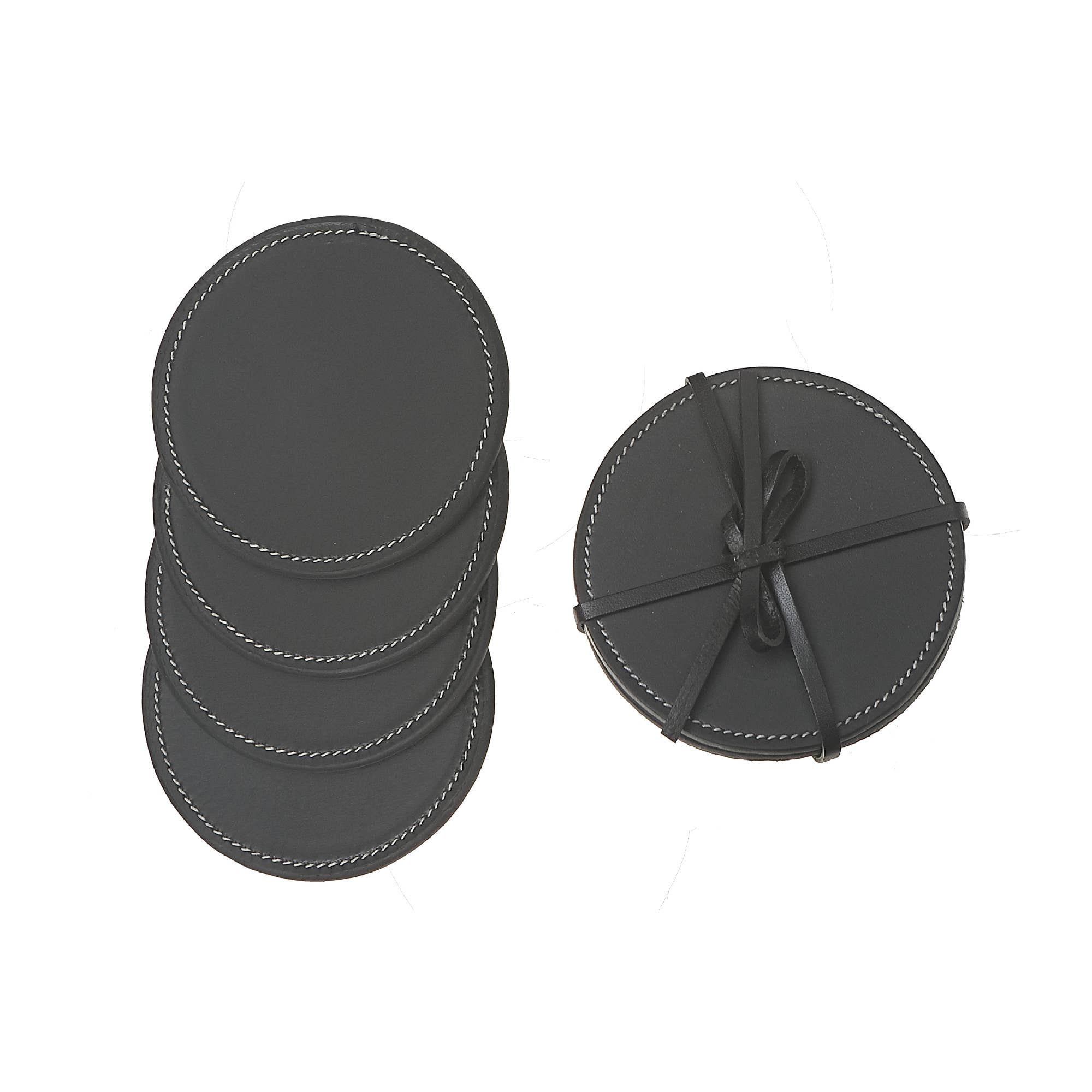 4Pc Round Genuine Leather Coasters Black for wholesale on Faire0