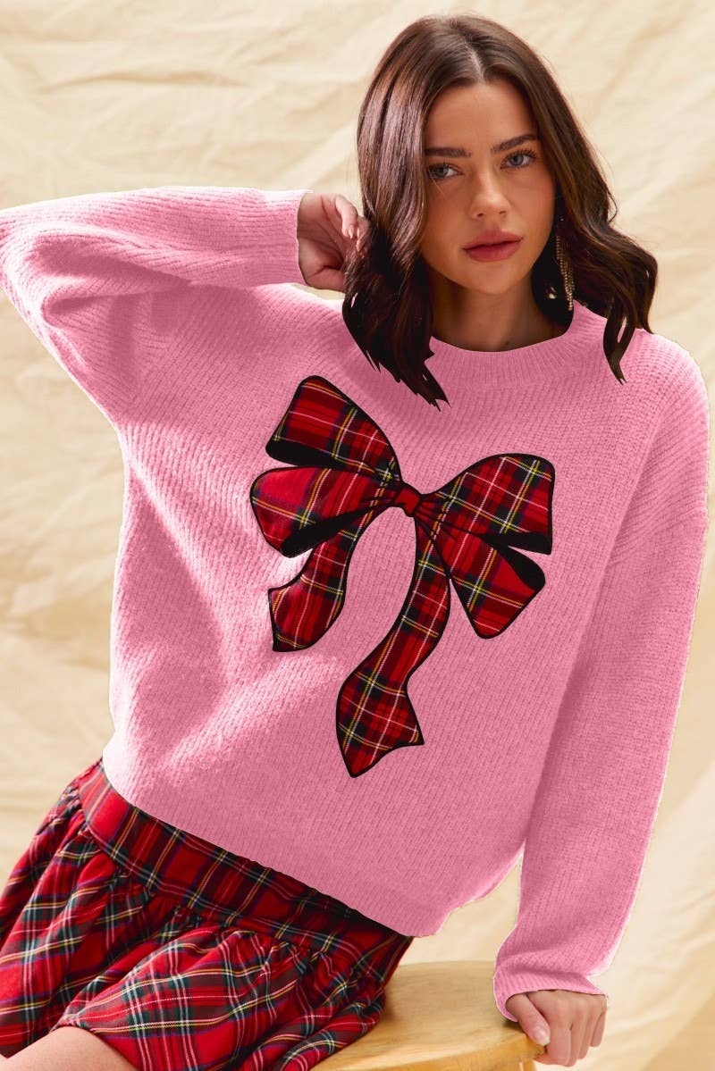IVE - Wholesale Knit Sweater - Women's - Checker Plaid Ribbon Christmas Holiday Sweater Top0