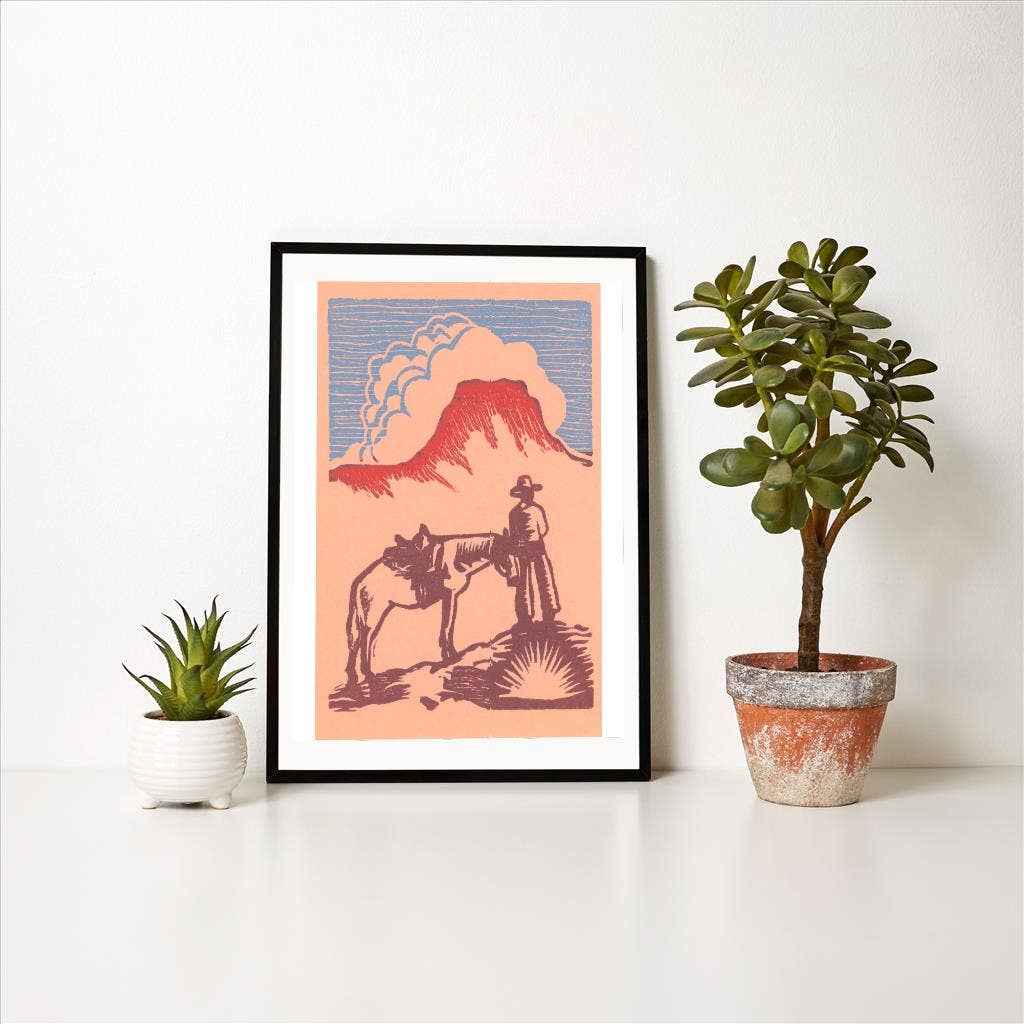 Found Image Press – wholesale Art print – Art Print CB-91 Woodcut of Cowboy with Horse and Mesa1