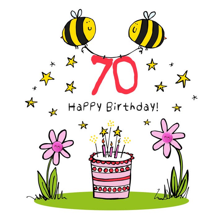 FELIZ ANIVERSÁRIO 70, SETENTA, ABELHA, BOLO, FESTA, RETROSARIA por atacado de The Spare Button Card Range