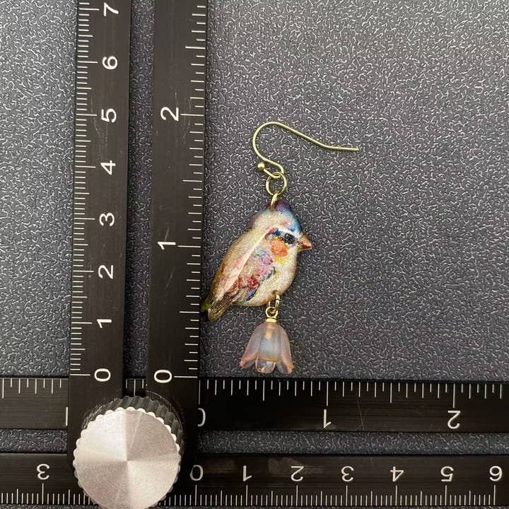 Mio Queena - Wholesale Dangle Earrings - Robin Picking Flowers, Resin Birds Dangle Earrings