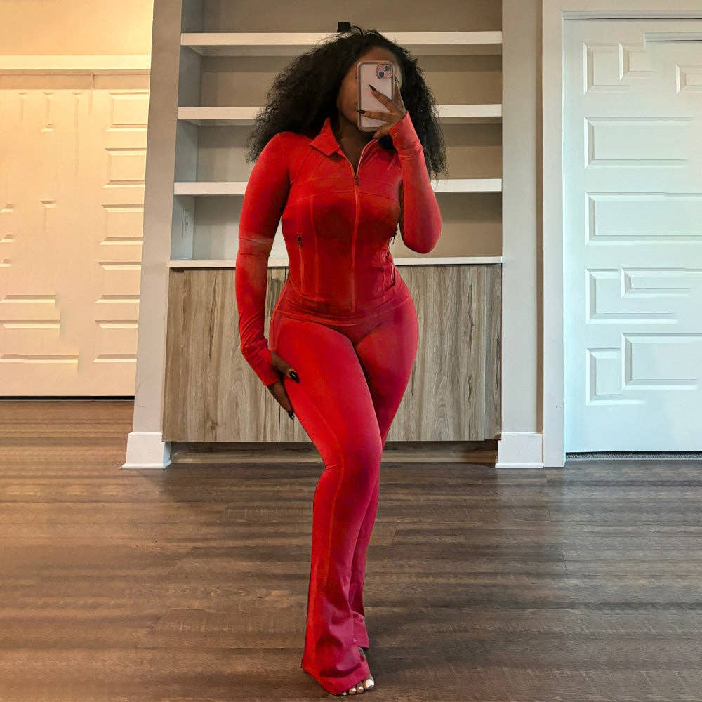 MB Fashion Wholesale - Vente Ensemble de vêtements d'intérieur – femme - ENSEMBLE DEUX PIÈCES À MANCHES LONGUES AVEC FERMETURE ÉCLAIR ET JAMBES ÉVASÉES HR2405720