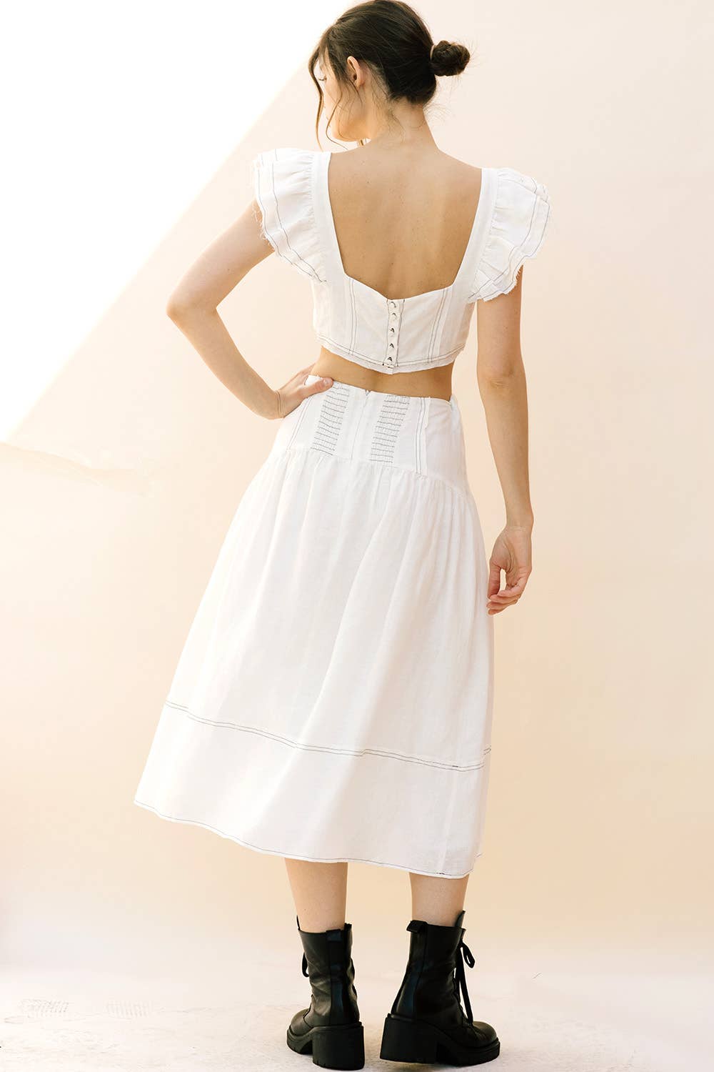 White JS3926- Monochromatic Stitched Detail Maxi Skirt for wholesale on Faire7