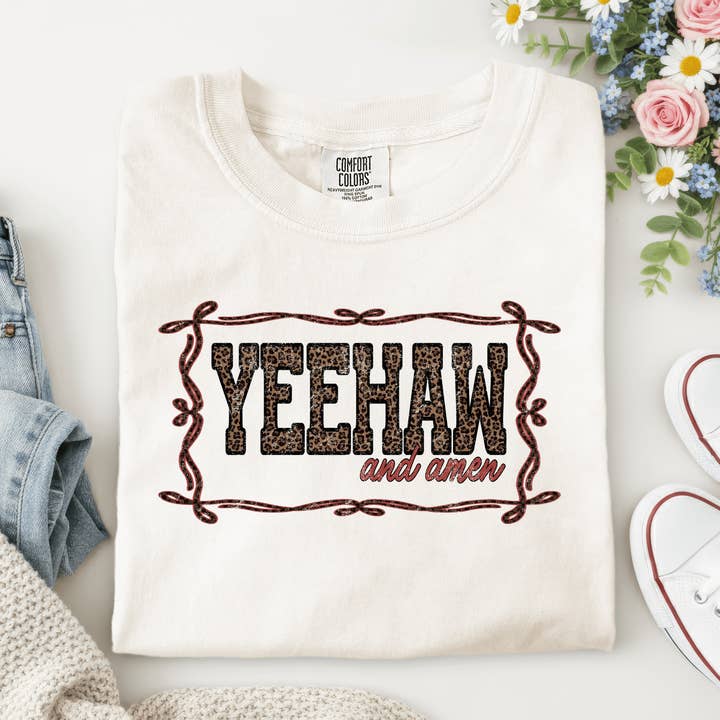 Yeehaw & Amen Leopard Western Graphic Tee for wholesale by Christy Grace Wholesale