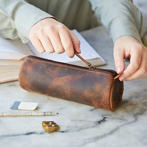 Leather Pencils Case in Light Brown Napa, Rectangular Accessory Bag Purse  Case Glasses Markers Zipper Pouch the Brick Case 
