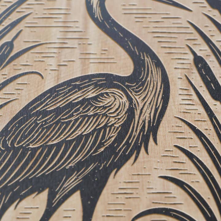 Benoit's Design Co. - Wholesale Wall Sign - Crane in the Lily Pond Engraved Birch Illustration1