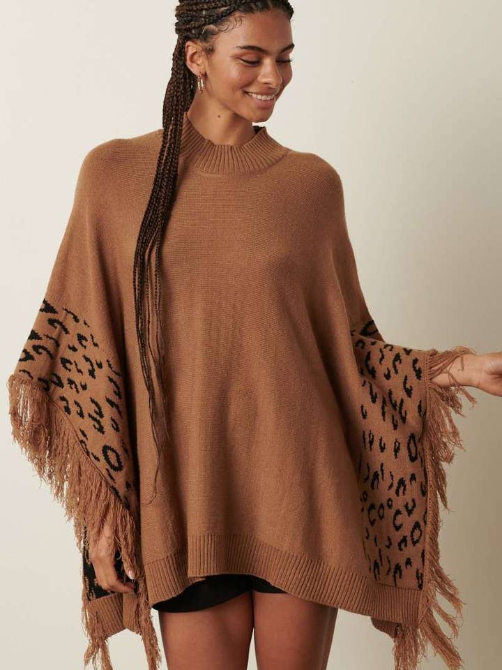 mittoshop - Wholesale Poncho - Women's - ANIMAL PRINT DETAIL TASSEL OVERSIZED PONCHO7