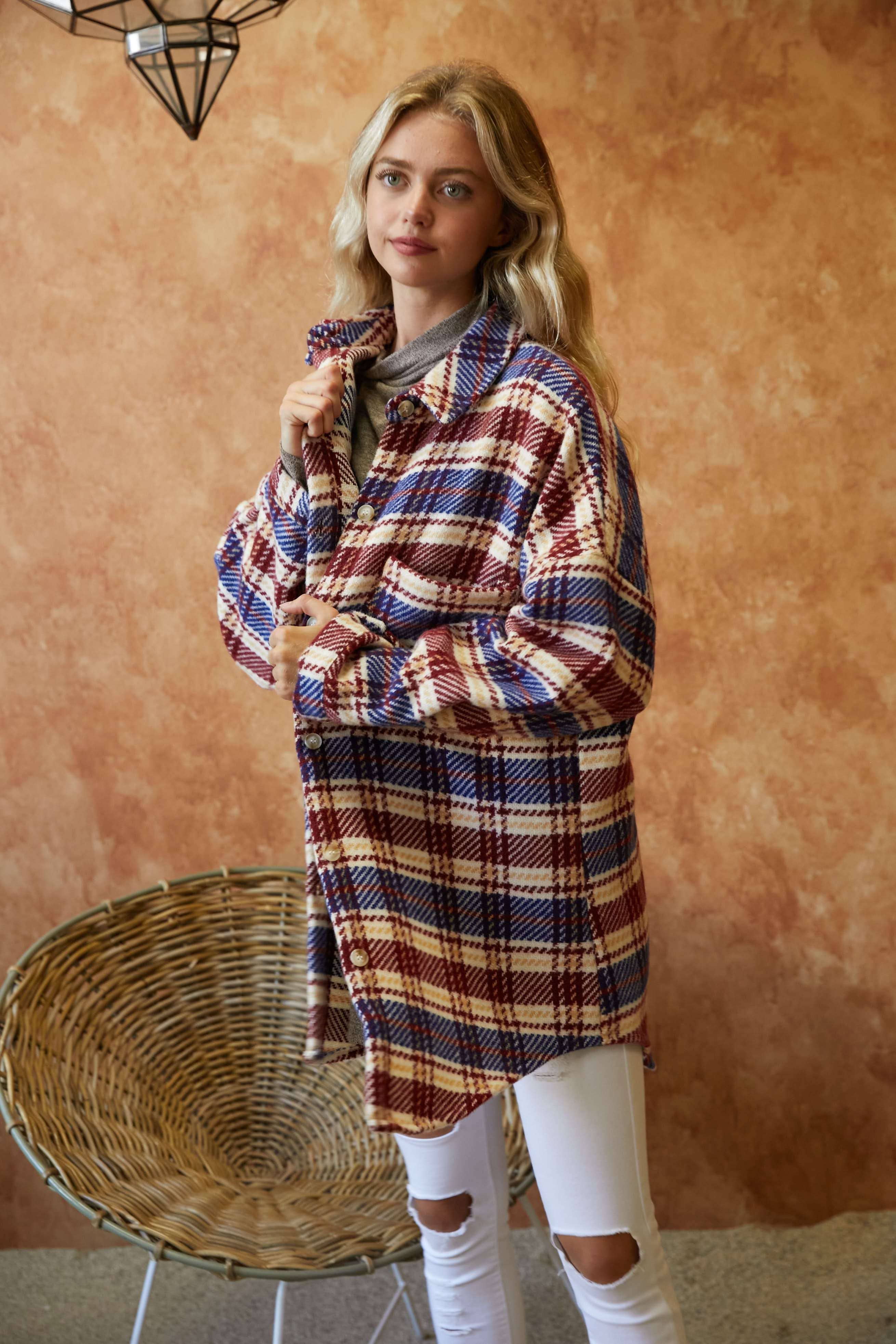 Davi & Dani - Vente Veste-chemise – femme - PLUS VESTE BOUTONNÉE À CARREAUX AVEC POCHE POITRINE12