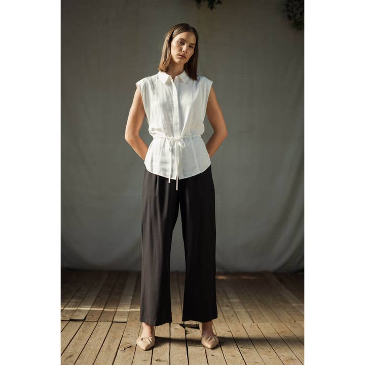 COVERED BUTTON DOWN W TIE WAIST DETAIL TOP for wholesale by FUN2FUN