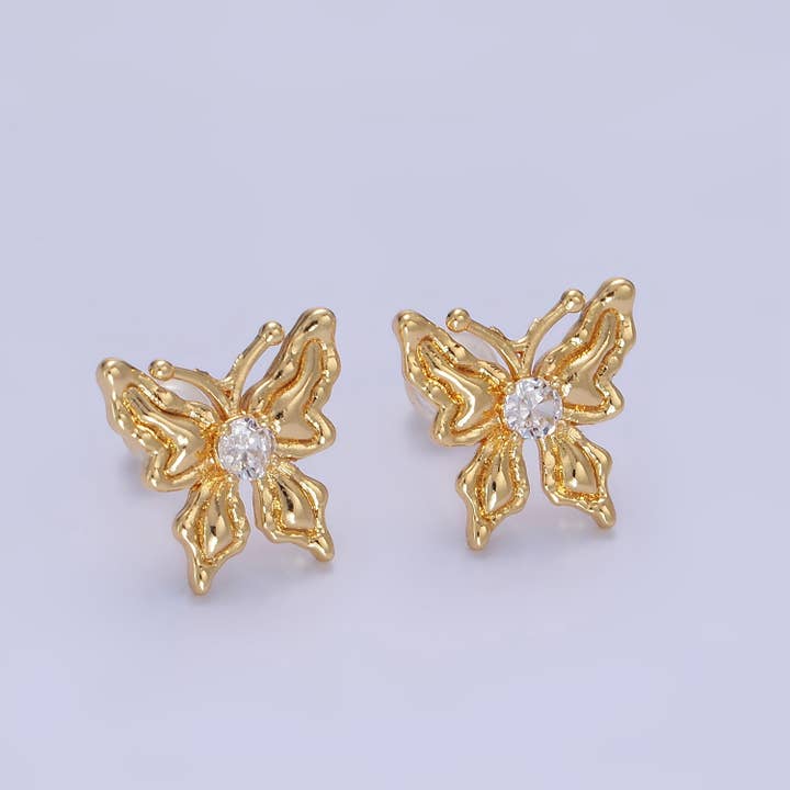 Aim Eternal - Wholesale Stud/Post Earrings - 14K Gold Filled CZ Molten Butterfly Stud Earrings | Q221