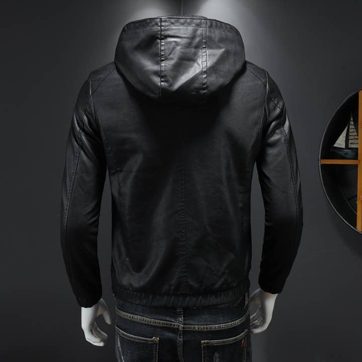 Black Men's Vintage Hooded Biker Plush Leather Jacket for wholesale on Faire2