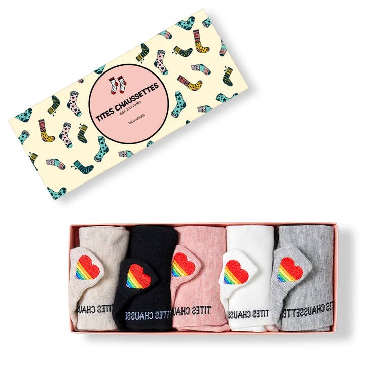 Confezione da 5 Calzini con Linguetta Cuore Arcobaleno Donna I 35-41 per la vendita all'ingrosso da parte di Tites Chaussettes