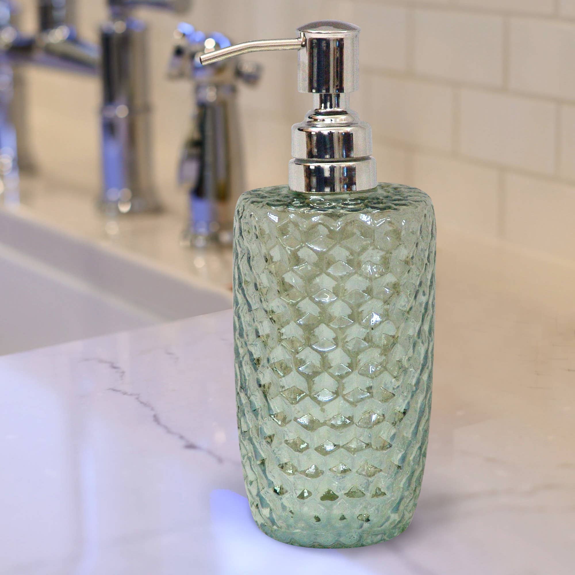nu steel - Wholesale Soap Dispenser - Sea Glass Green Lustre Glass & Steel Liquid Soap Pump1