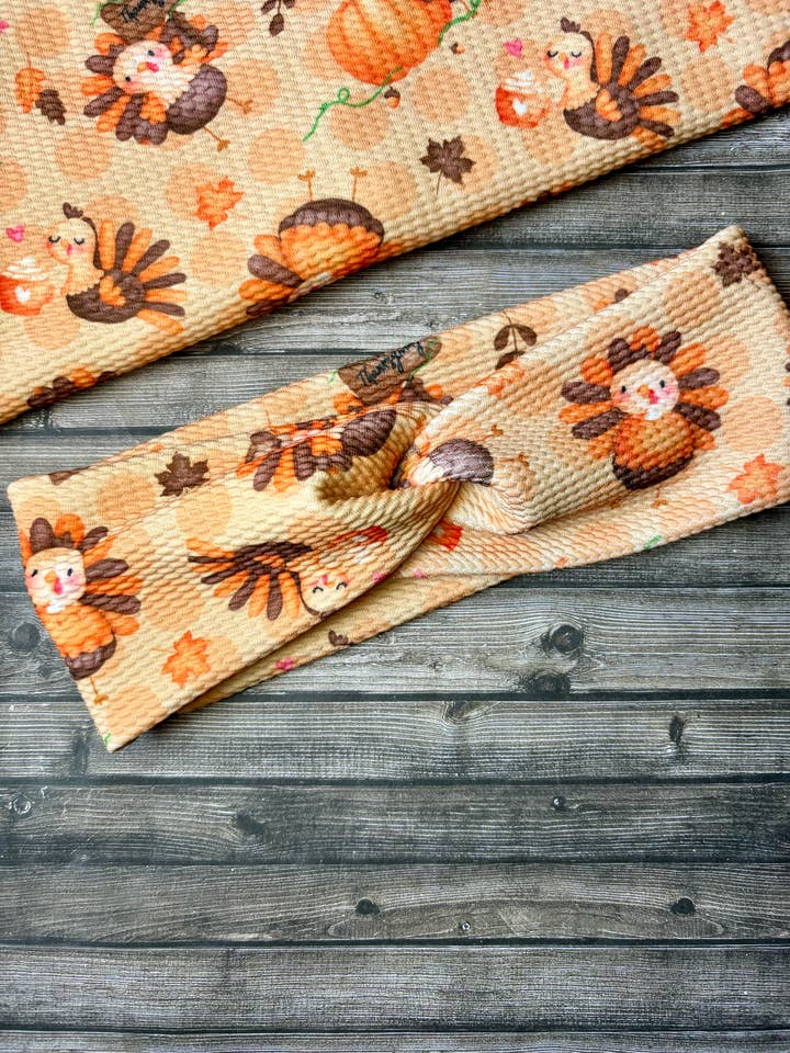 Thanksgiving Twist Headband - Orange and Brown Turkey Print for wholesale by South Coast Sewn