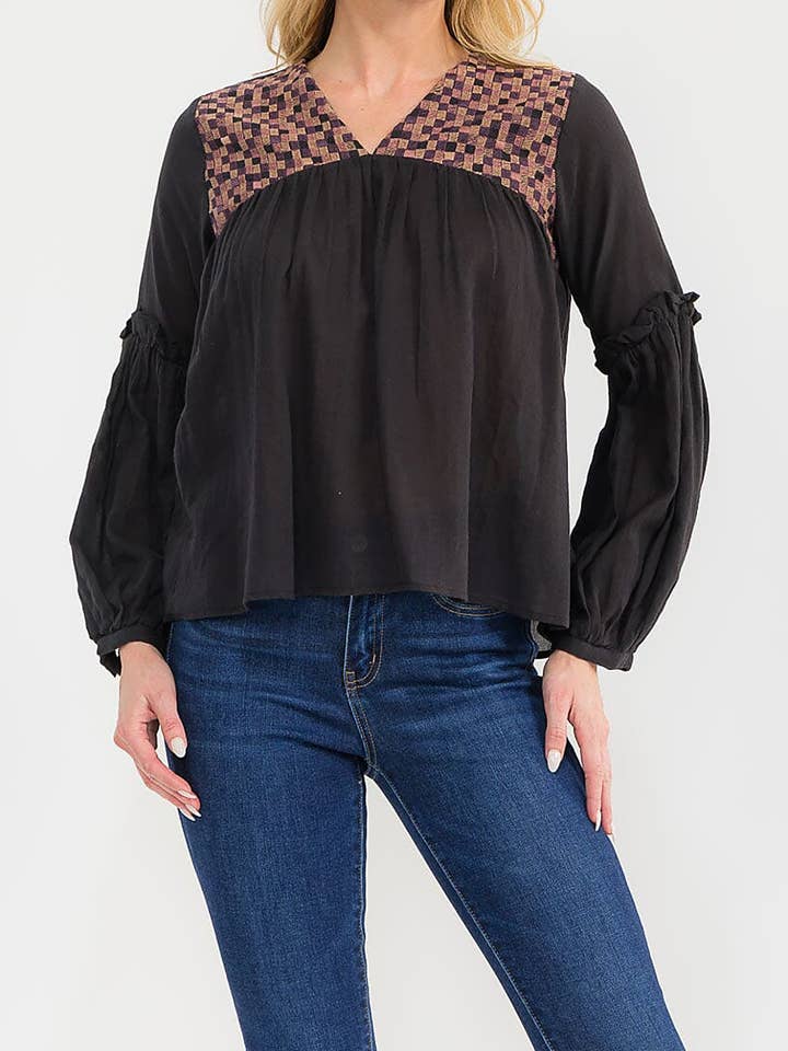 MULTI COLOR CHECK CONTRAST V NECK LOOSE FIT BLOUSE for wholesale by ROUSSEAU