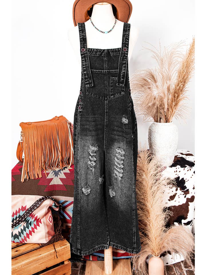 fashionworks - Wholesale Overalls - Women's - Fashion-W Distressed Bib Pocket Wide Leg Denim Overall