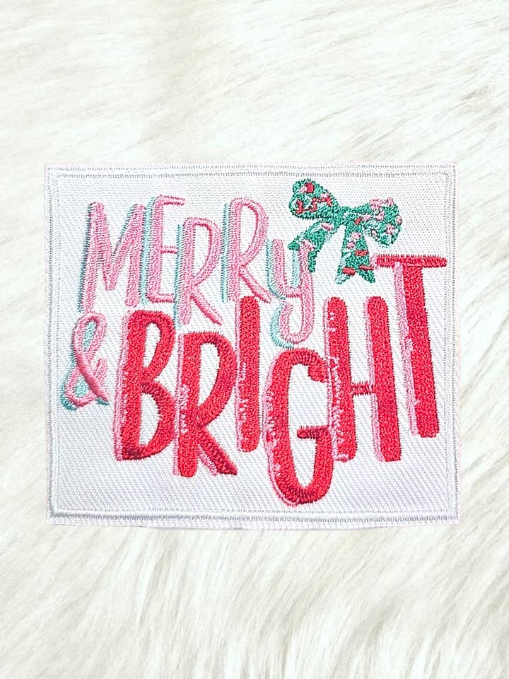 Merry and Bright Christmas Bow Embroidery Iron On Patch for wholesale by Scratch Decor