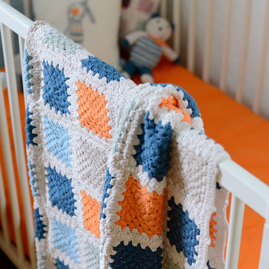 Pebble - Wholesale Bedding Blanket - Kids & Baby - Handmade Organic Granny Square Baby Blanket in Blue & Orange2