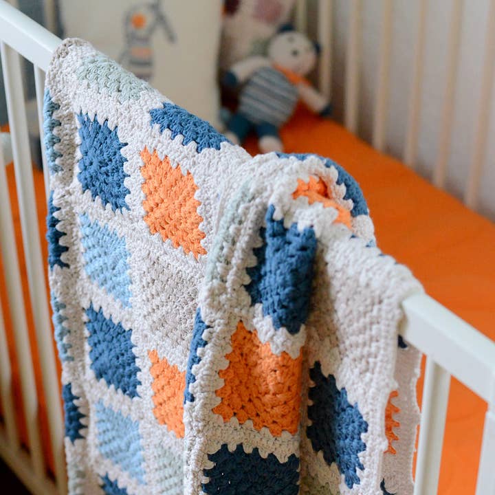 Pebble - Wholesale Bedding Blanket - Kids & Baby - Handmade Organic Granny Square Baby Blanket in Blue & Orange2